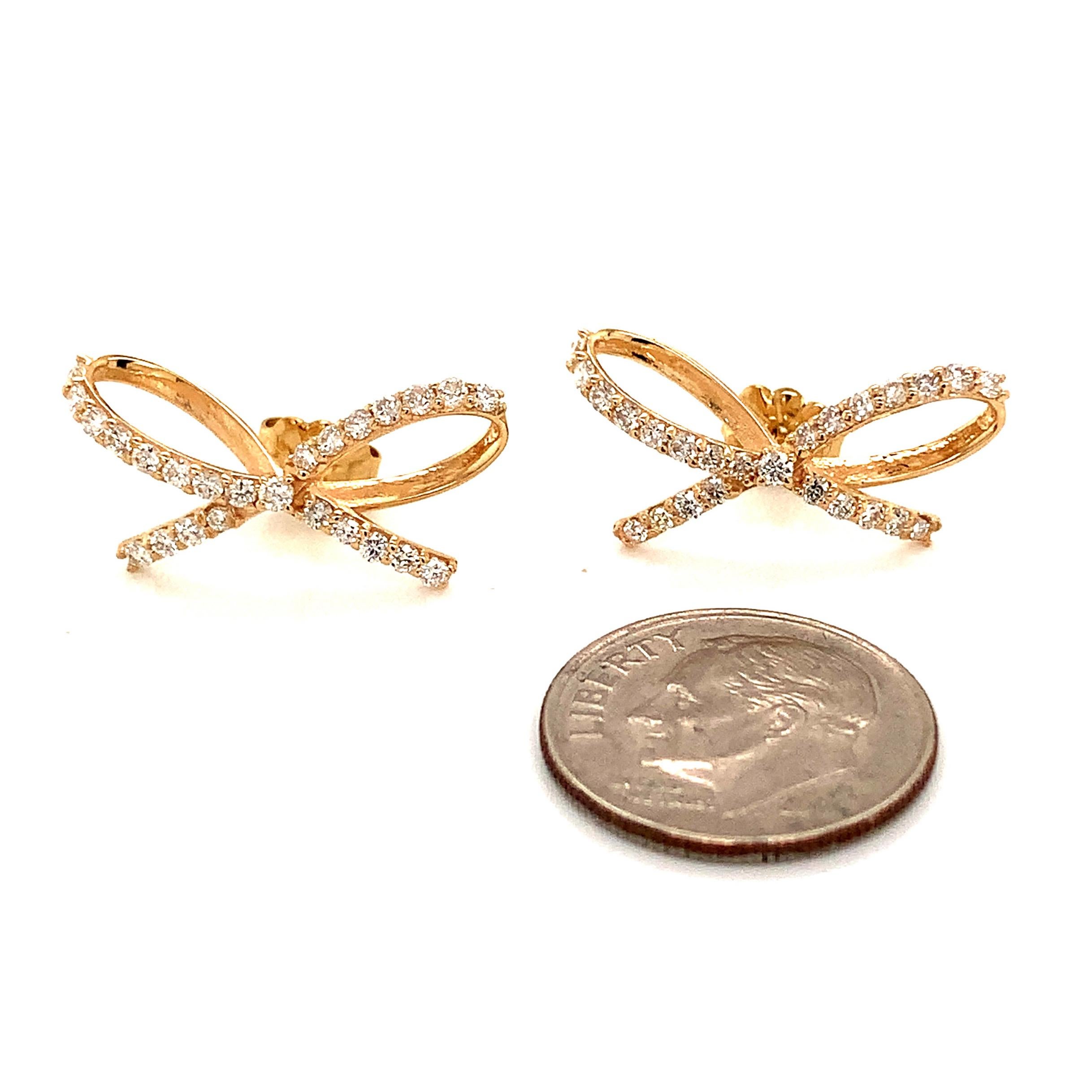 Round Cut Diamond Bow Stud Earrings 14k Gold 0.5 Tcw Certified For Sale