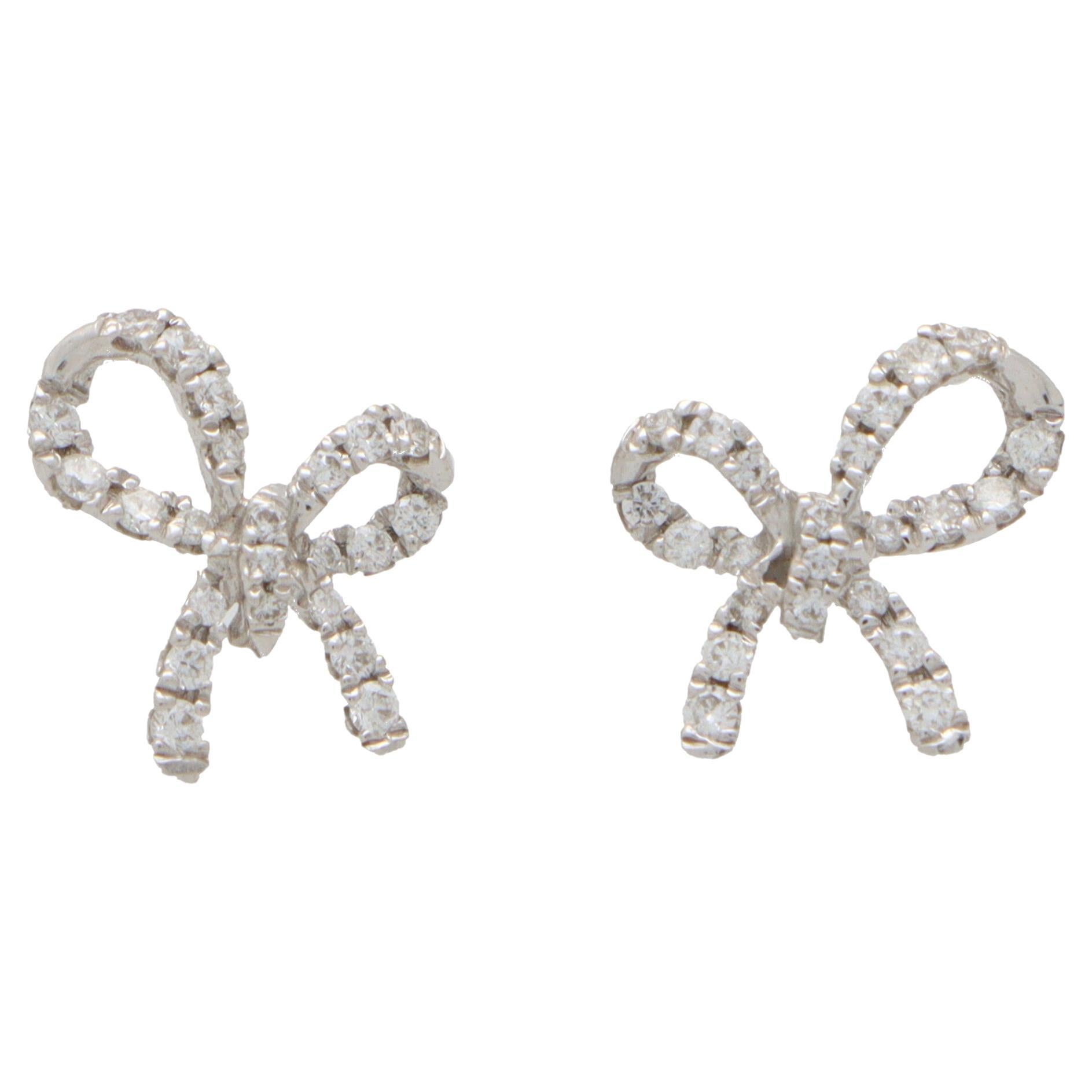 Diamond Ribbon Bow Stud Earrings Set in 18 Karat White Gold For Sale at ...