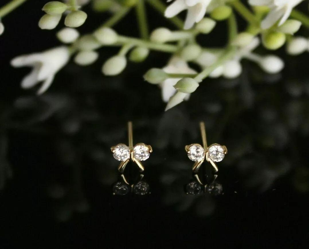 Round Cut Diamond Bow Studs 14k Solid Yellow Gold Bow Tie Nose Ear Piercing For Sale