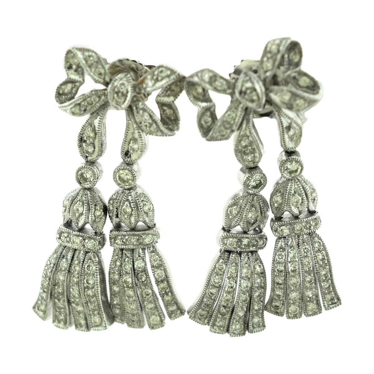 Diamond Bow-Tie Drop Dangle Vintage Earrings in 18 Karat White Gold