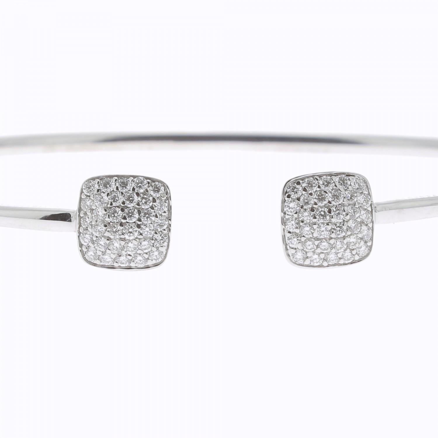 Beautiful And Modern Cuff  Bracelet.
The Cuff Bracelet is set with 0.36 Carats of Round Diamonds.
The Diamond are GVS quality and the Bracelet is in 18K White Gold.
The Bracelet size is 5.5 cm.
The Bracelet is also available in 18K Rose Gold and 18K