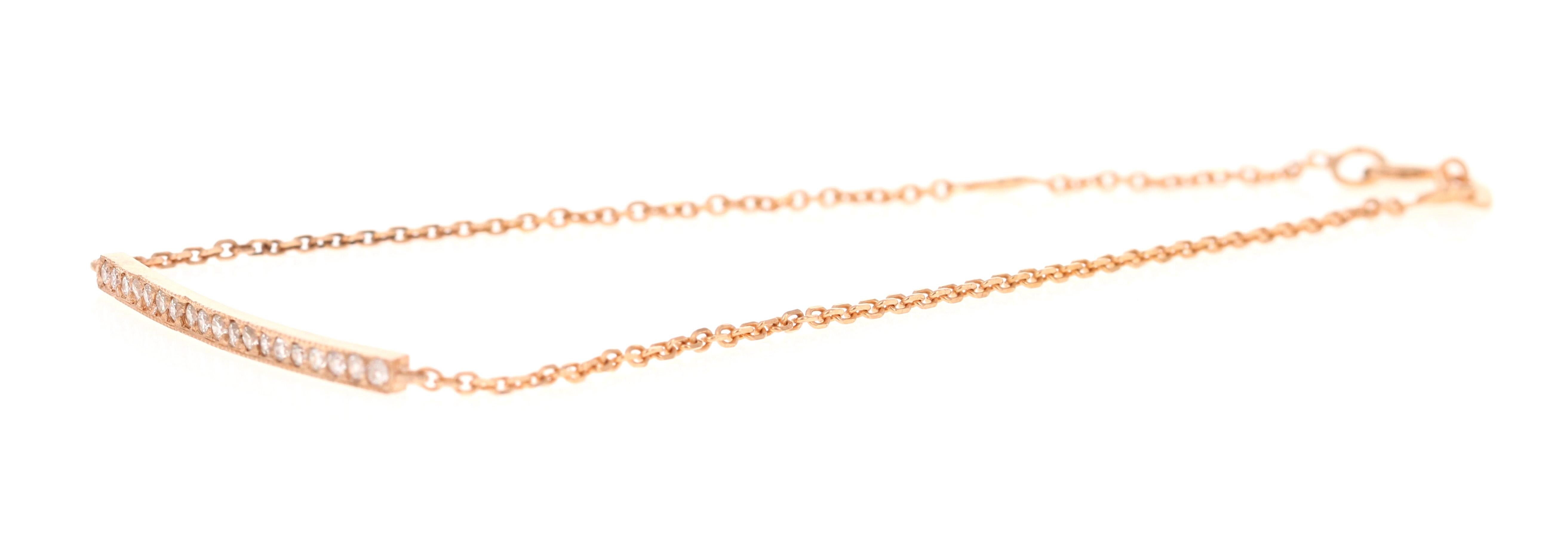 Beautiful, Dainty and a Simple Everyday Bracelet 

A beautiful gift for somebody special or for yourself! 

This bracelet has 19 Round Cut Diamonds that weigh 0.19 Carats. (Clarity: VS, Color: H) 

It is set in 14 Karat Rose Gold and weighs