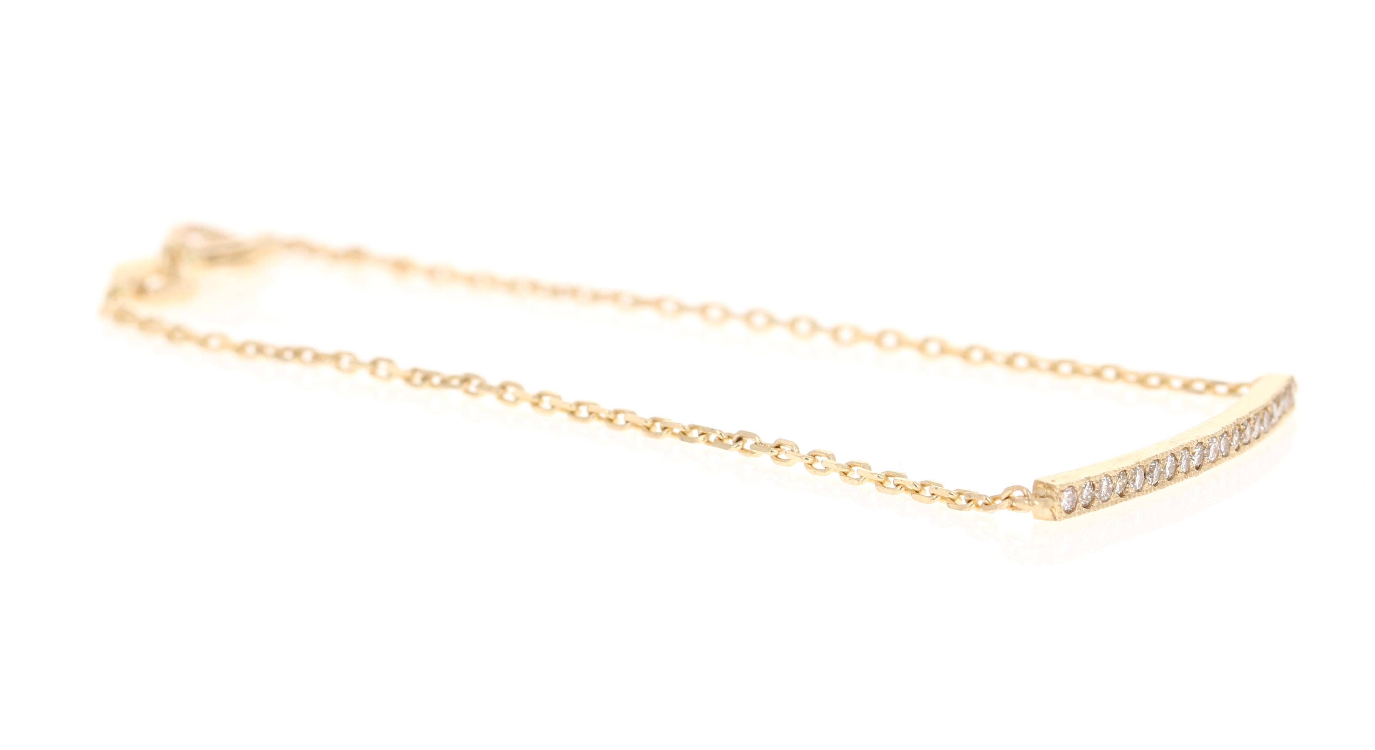 Beautiful, Dainty and a Simple Everyday Bracelet 

A beautiful gift for somebody special or for yourself! 

This bracelet has 19 Round Cut Diamonds that weigh 0.19 Carats. (Clarity: VS, Color: H) 

It is set in 14 Karat Yellow Gold and weighs