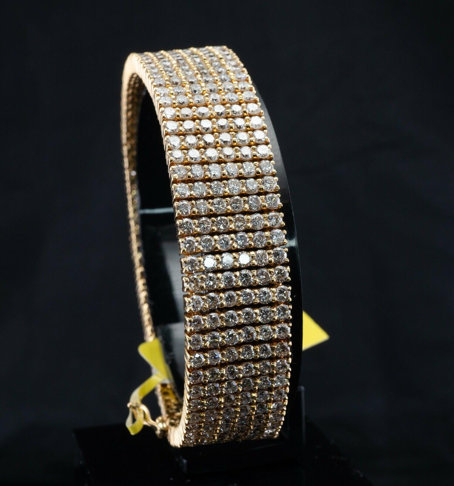 Round Cut Diamond Bracelet 18K Gold Wide 6 Rows 22.13 TDW For Sale