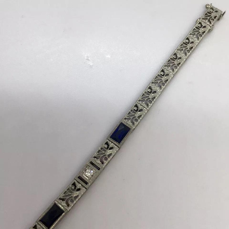 Round Cut Diamond Bracelet Art Deco 14k white Gold Filigree Antique Sapphire 7 inch For Sale