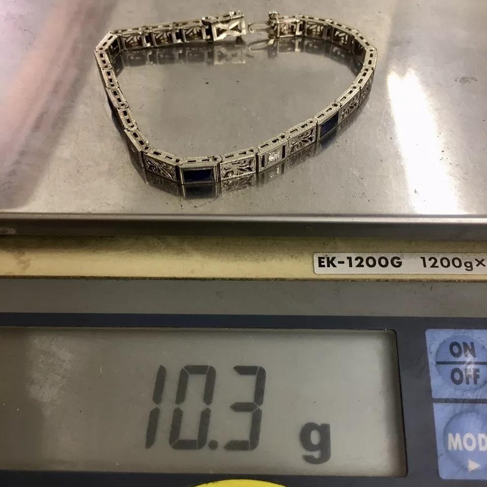 Diamond Bracelet Art Deco 14k white Gold Filigree Antique Sapphire 7 inch In Good Condition For Sale In Los Angeles, CA