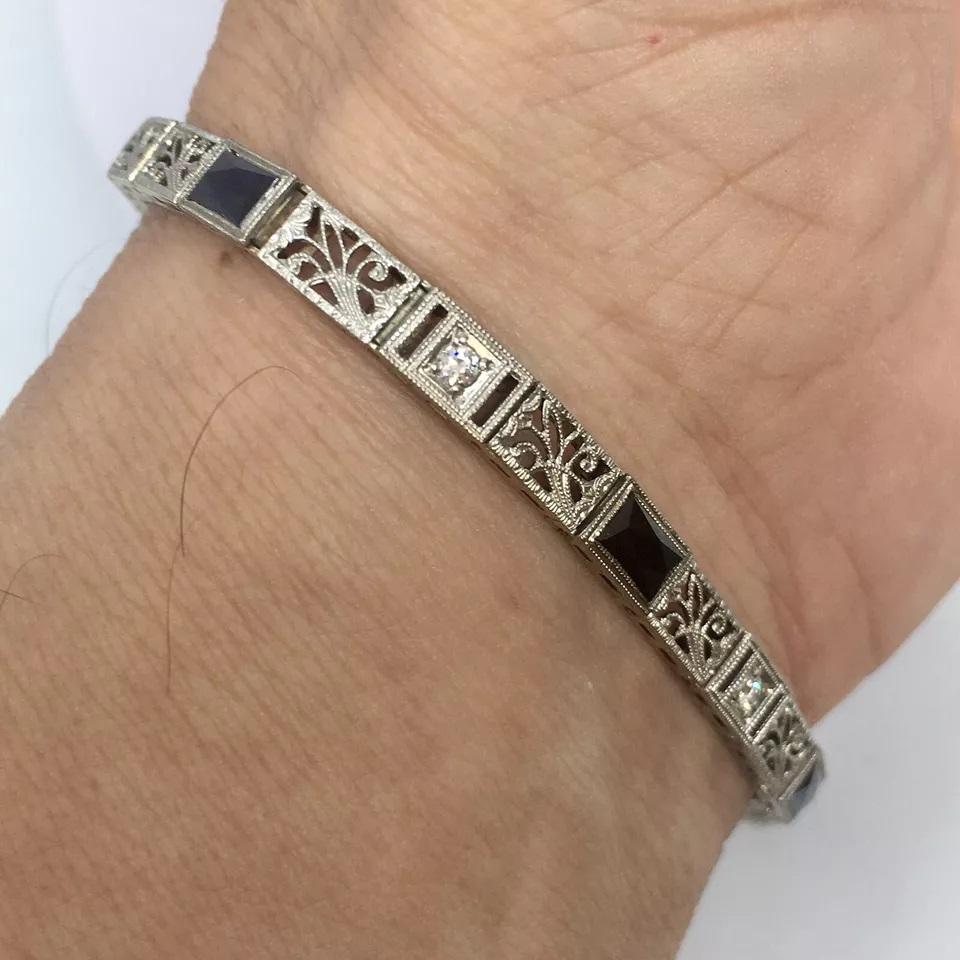 Women's Diamond Bracelet Art Deco 14k white Gold Filigree Antique Sapphire 7 inch For Sale