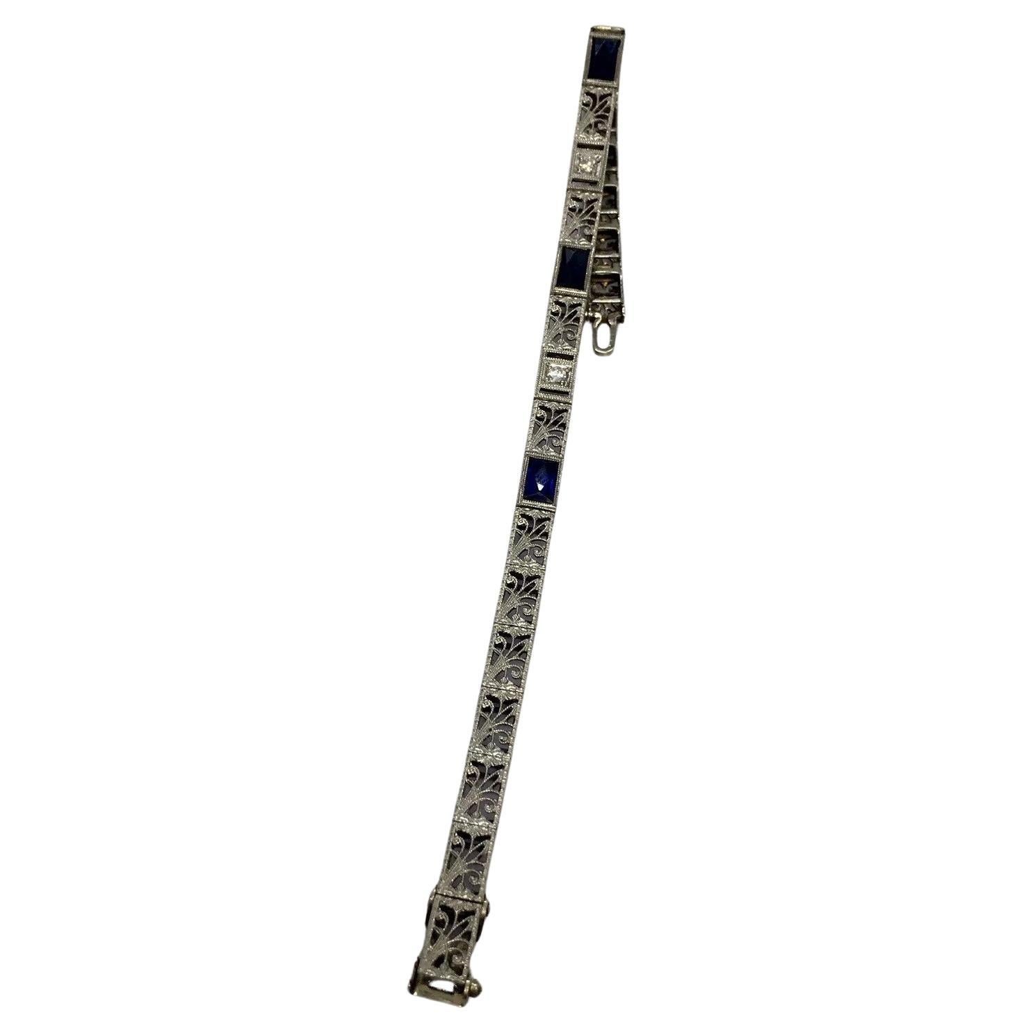 Diamond Bracelet Art Deco 14k white Gold Filigree Antique Sapphire 7 inch