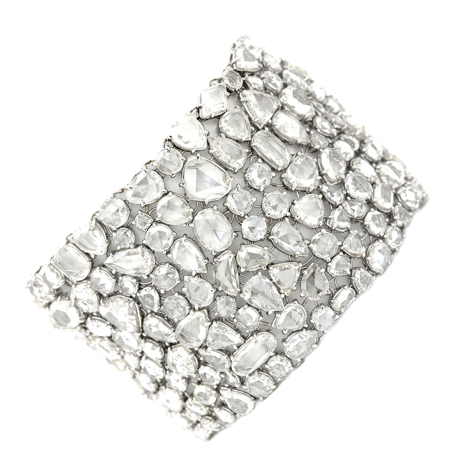 Diamond Bracelet with 100.37 Carat of Rose Cut Diamonds Set in Platinum For Sale