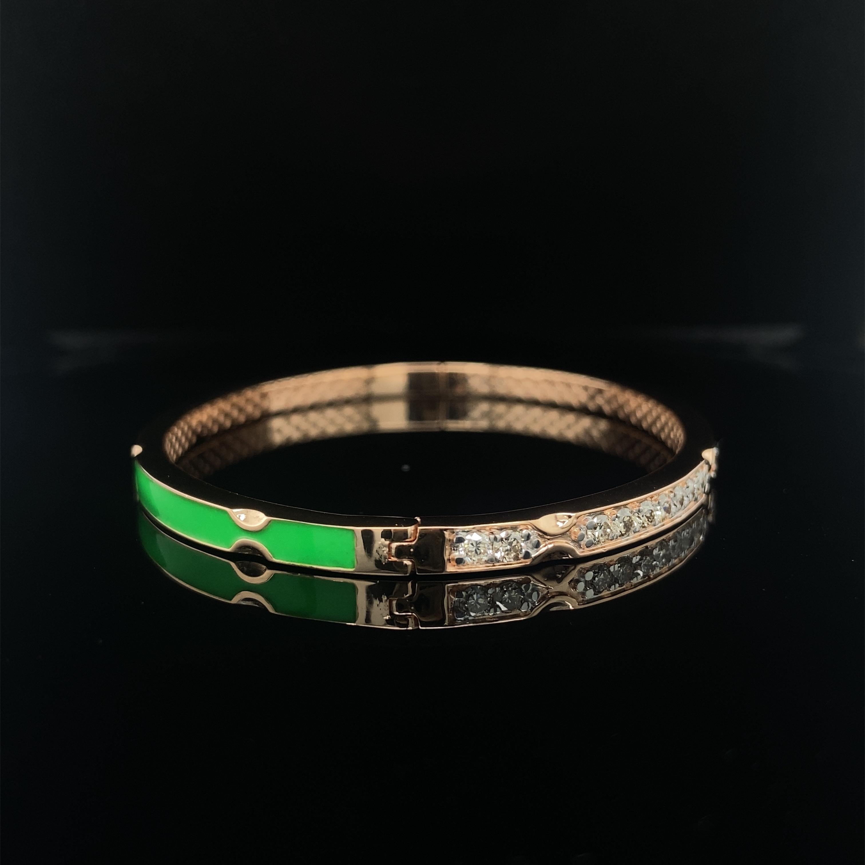 Women's Diamond Bracelet with Green Enamelling set in 18k Solid Gold For Sale