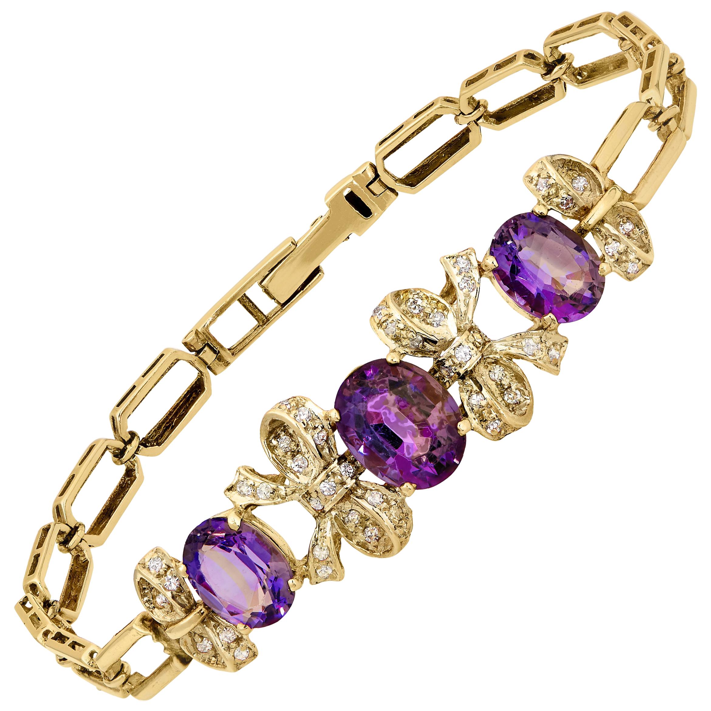 Diamond Bracelet with Three Oval Amethyst Set in 14 Karat White and Yellow Gold For Sale