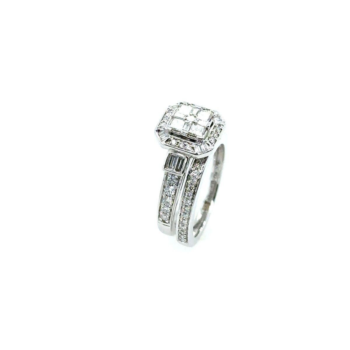 This gorgeous Vera Wang Diamond bridal set, engagement ring set with a mix of 0.80ct princess cut, baguette and round Diamonds with matching Diamond wedding band set with 0.15ct small round Diamonds all in an 18ct white gold setting. Can make a