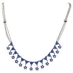 Diamond Bright Blue Sapphire 18K White Gold Stars Drop Chain Necklace