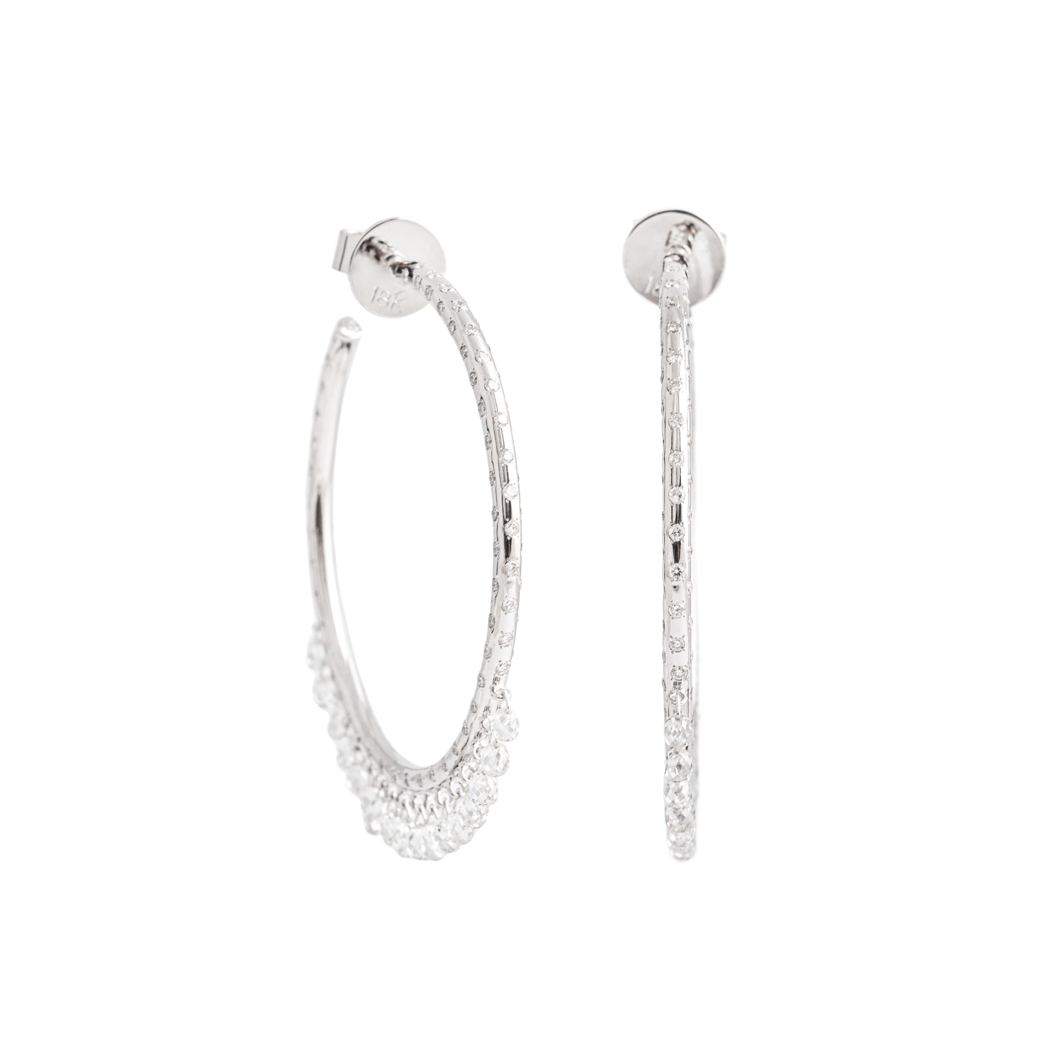 Hoop Earrings in white gold 18K briolette cut and round diamond estimated G color. 
Diamond weighing 4.05 carats total.
Total gross weight: 9.21 grams.
Diameter: 4.00 centimeters.