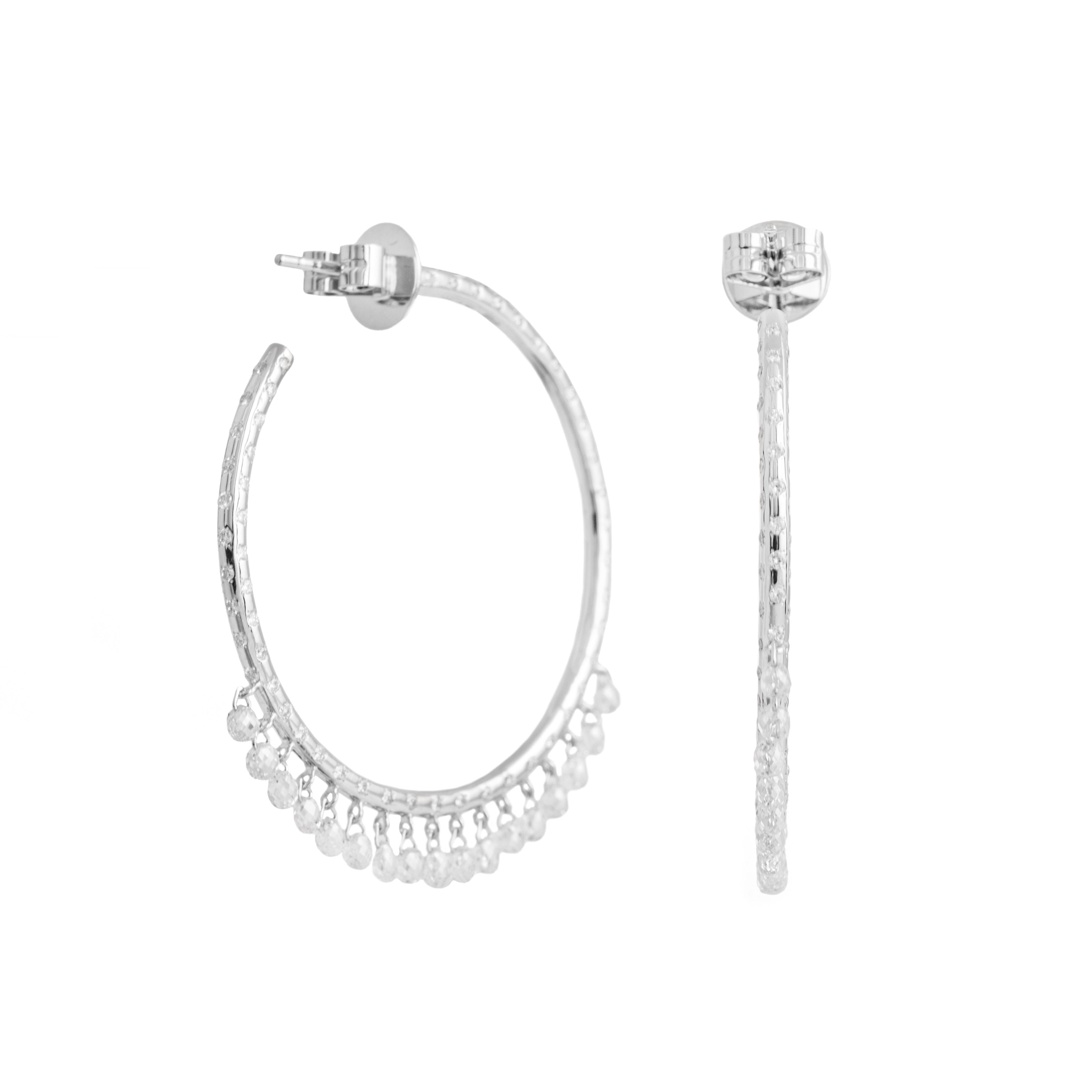 Contemporary Diamond Briolette cut White Gold 18K Hoop Earrings For Sale