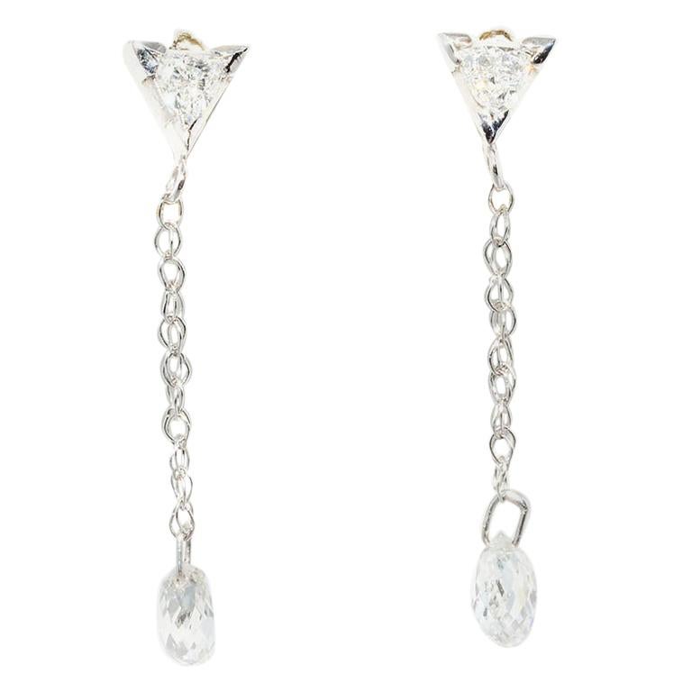 Diamond Briolette Hanging earrings 14k White Gold For Sale at 1stDibs