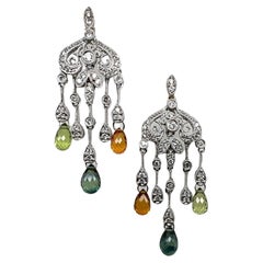 Diamond Briolette Peridot Citrine Topaz 18 Karat White Gold Drop Dangle Earrings