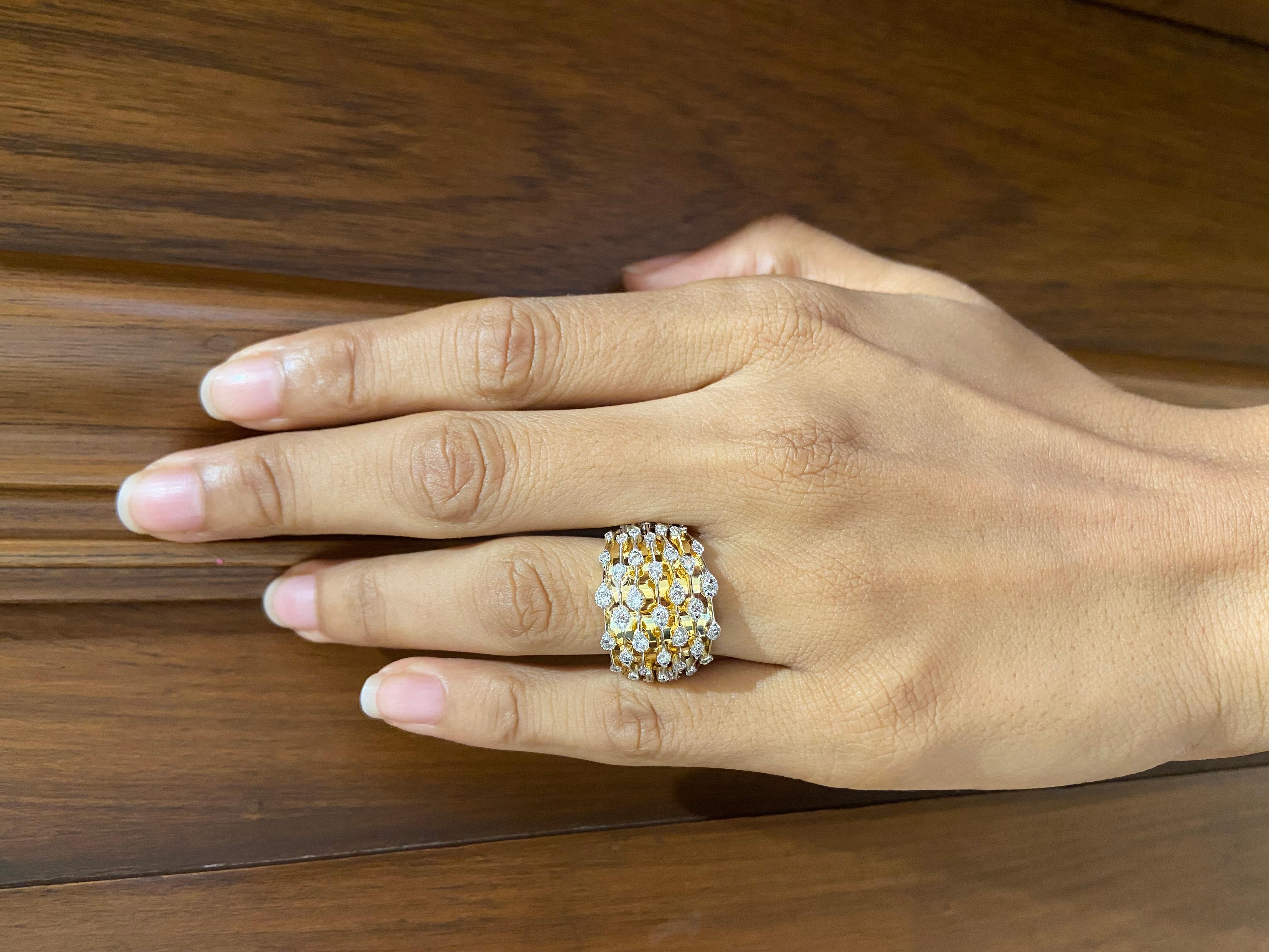 Anillo ancho de diamantes en oro macizo de 14k (certificado) Art Decó en venta