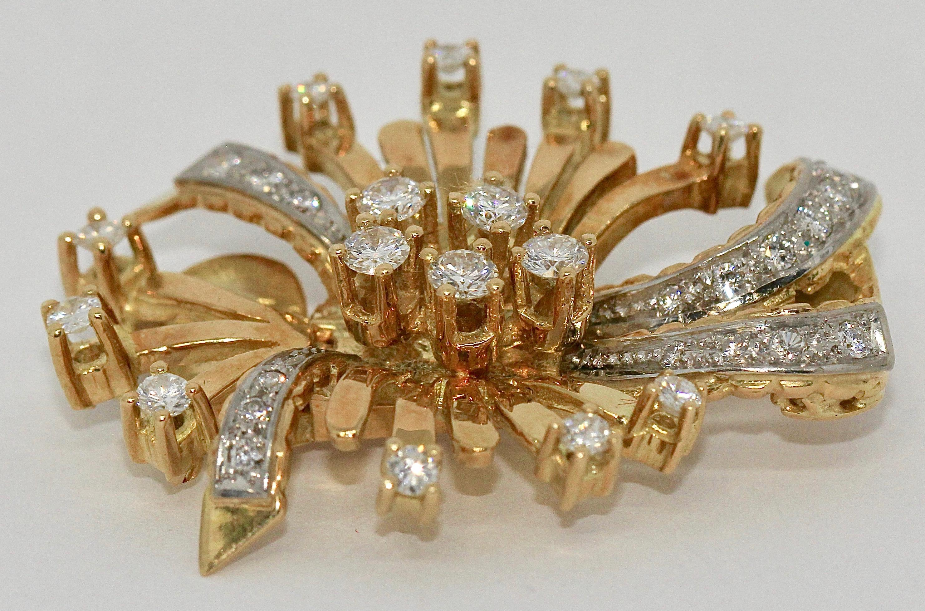 Round Cut Diamond Brooch, Enhancer, Pendant 18 Karat Gold, in Floral Design For Sale