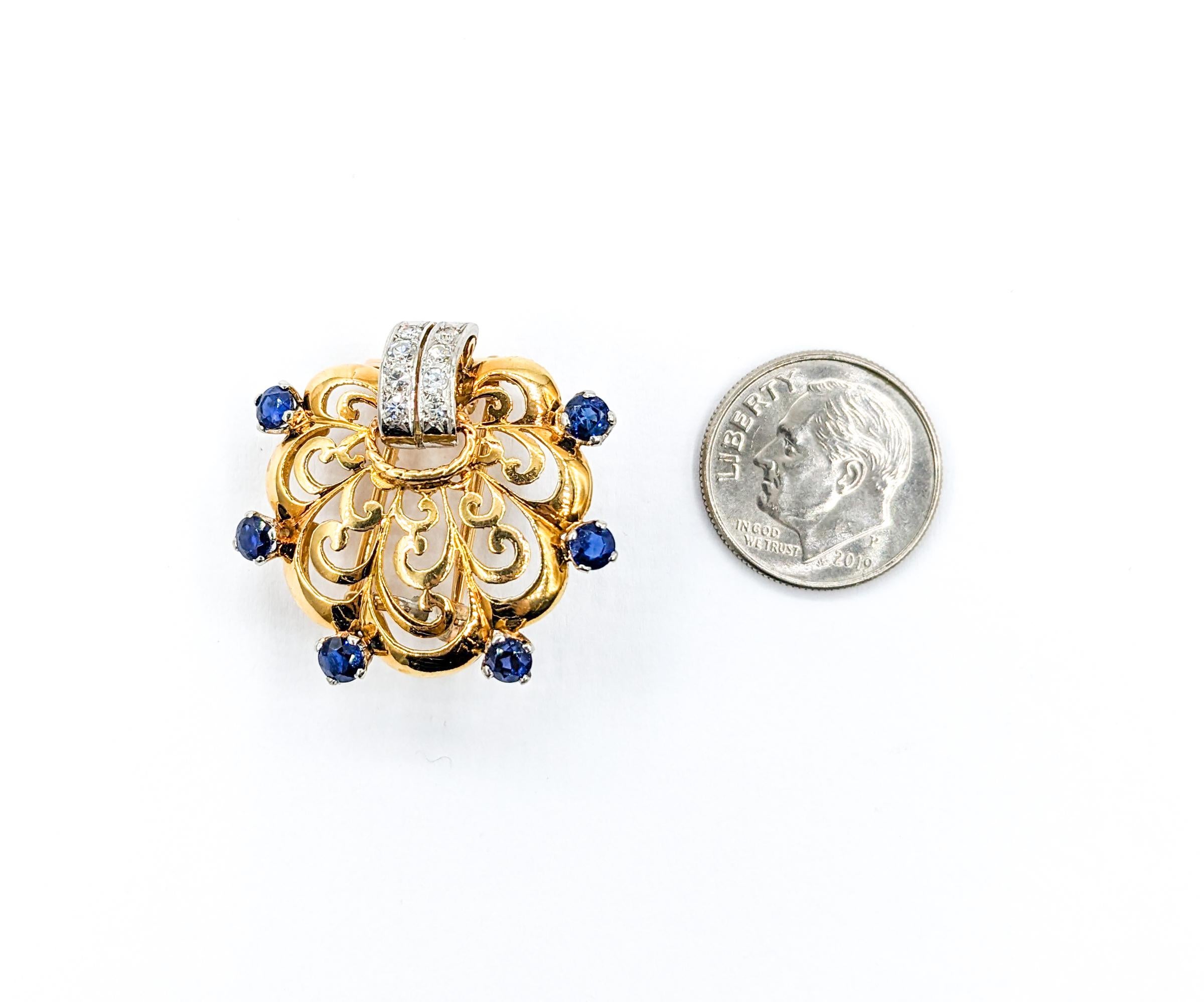 Diamond & Sapphire Scallop Brooch In Yellow Gold For Sale 4