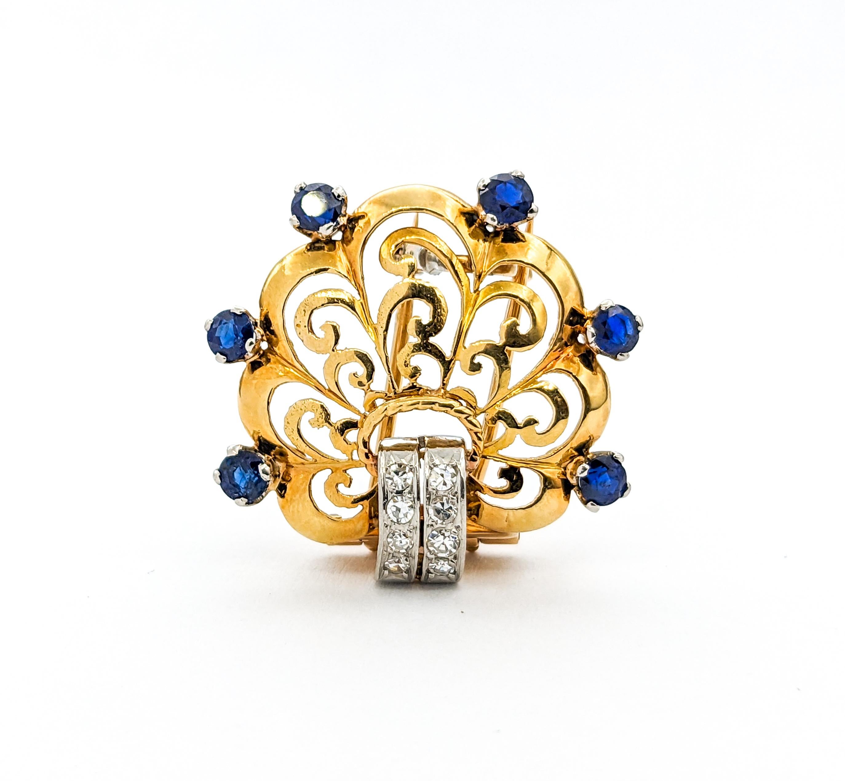Modern Diamond & Sapphire Scallop Brooch In Yellow Gold For Sale