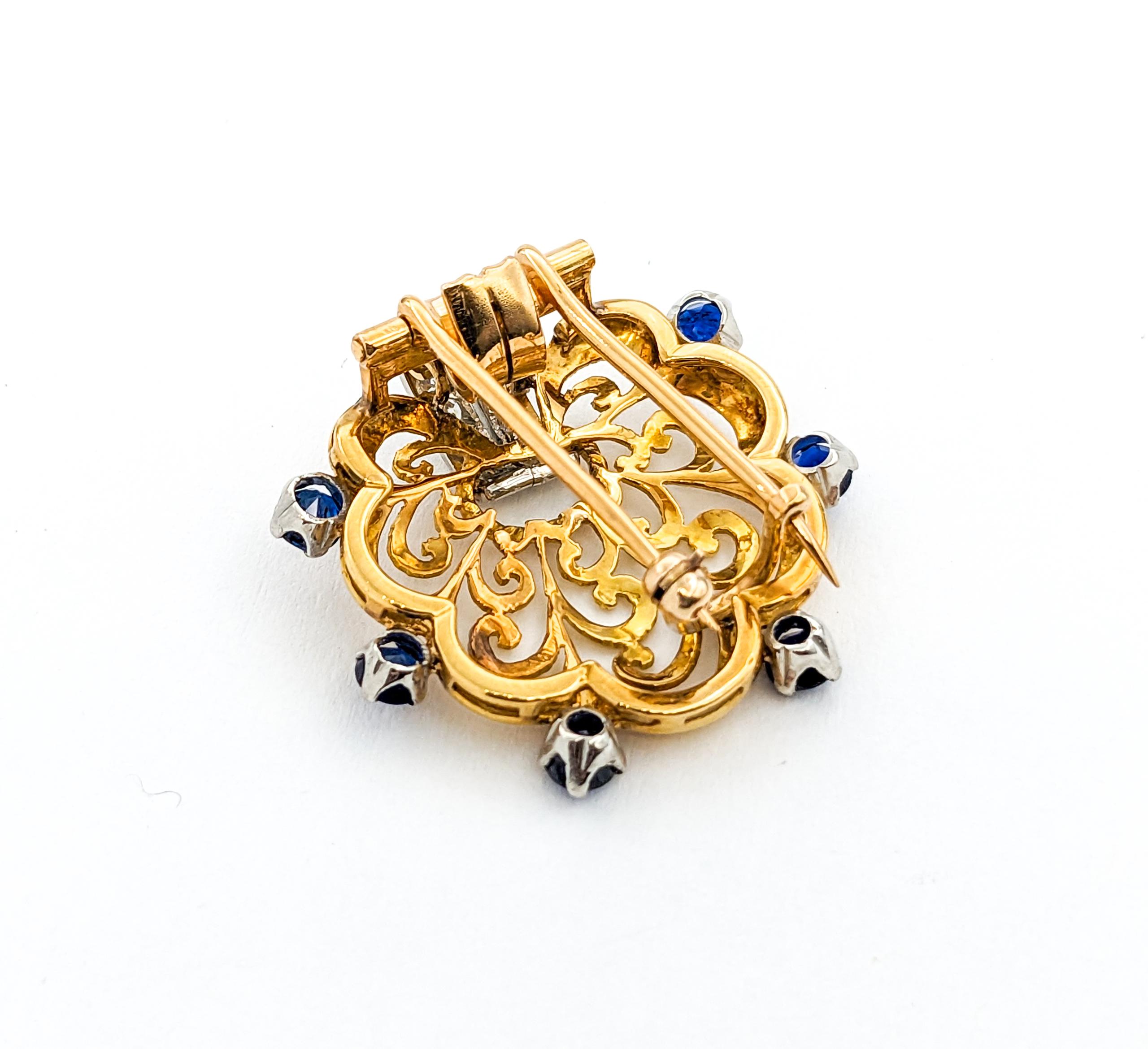Diamond & Sapphire Scallop Brooch In Yellow Gold In Excellent Condition For Sale In Bloomington, MN