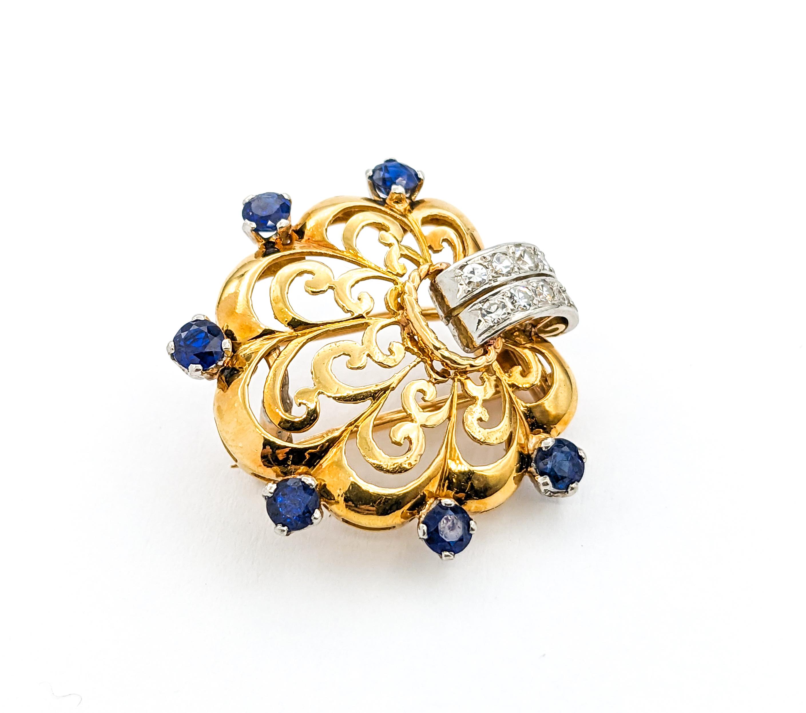 Women's Diamond & Sapphire Scallop Brooch In Yellow Gold For Sale
