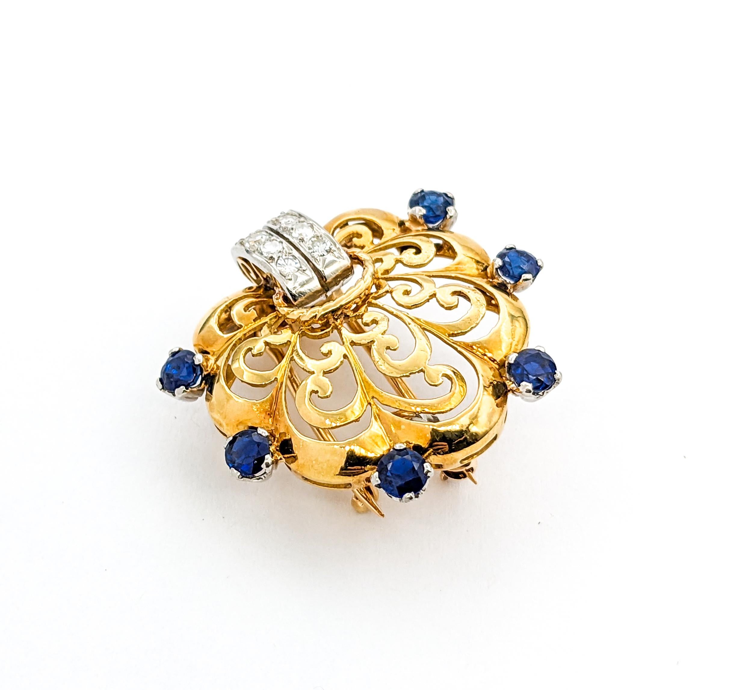 Diamond & Sapphire Scallop Brooch In Yellow Gold For Sale 1