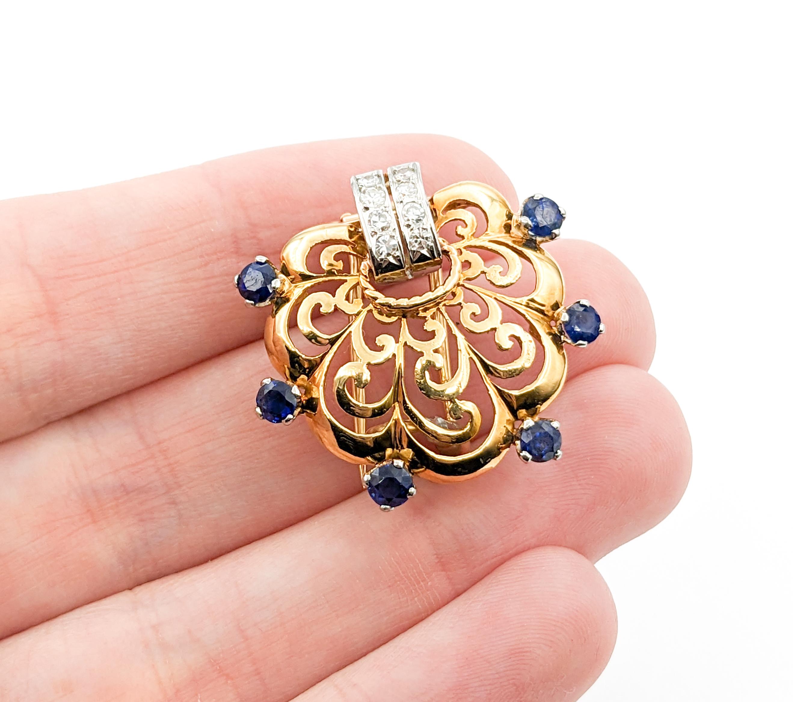 Diamond & Sapphire Scallop Brooch In Yellow Gold For Sale 2