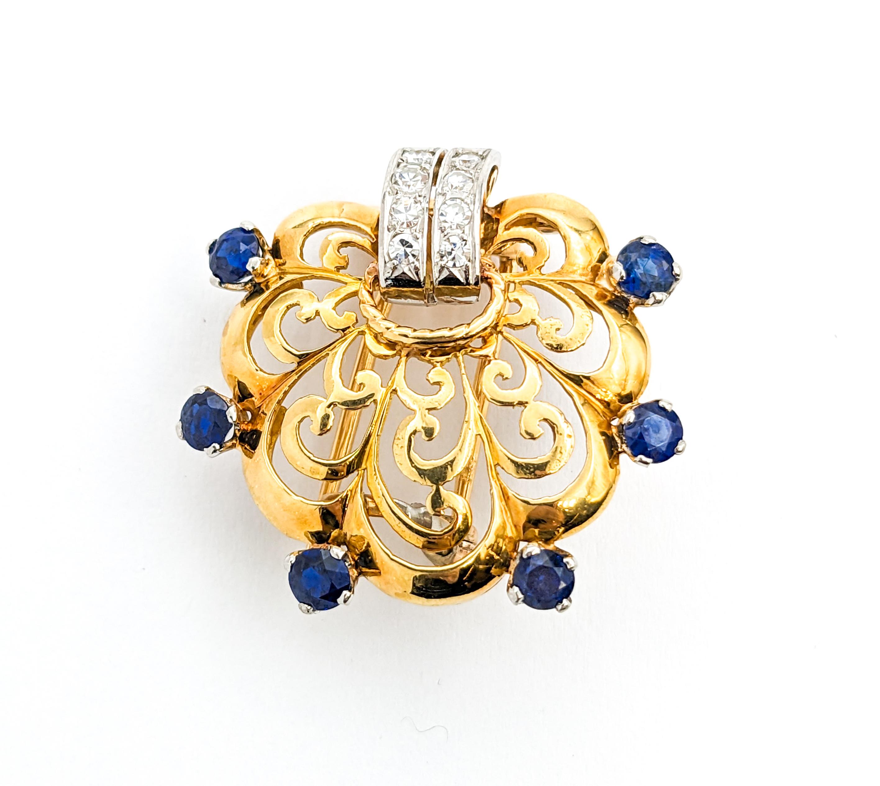 Diamond & Sapphire Scallop Brooch In Yellow Gold For Sale 3