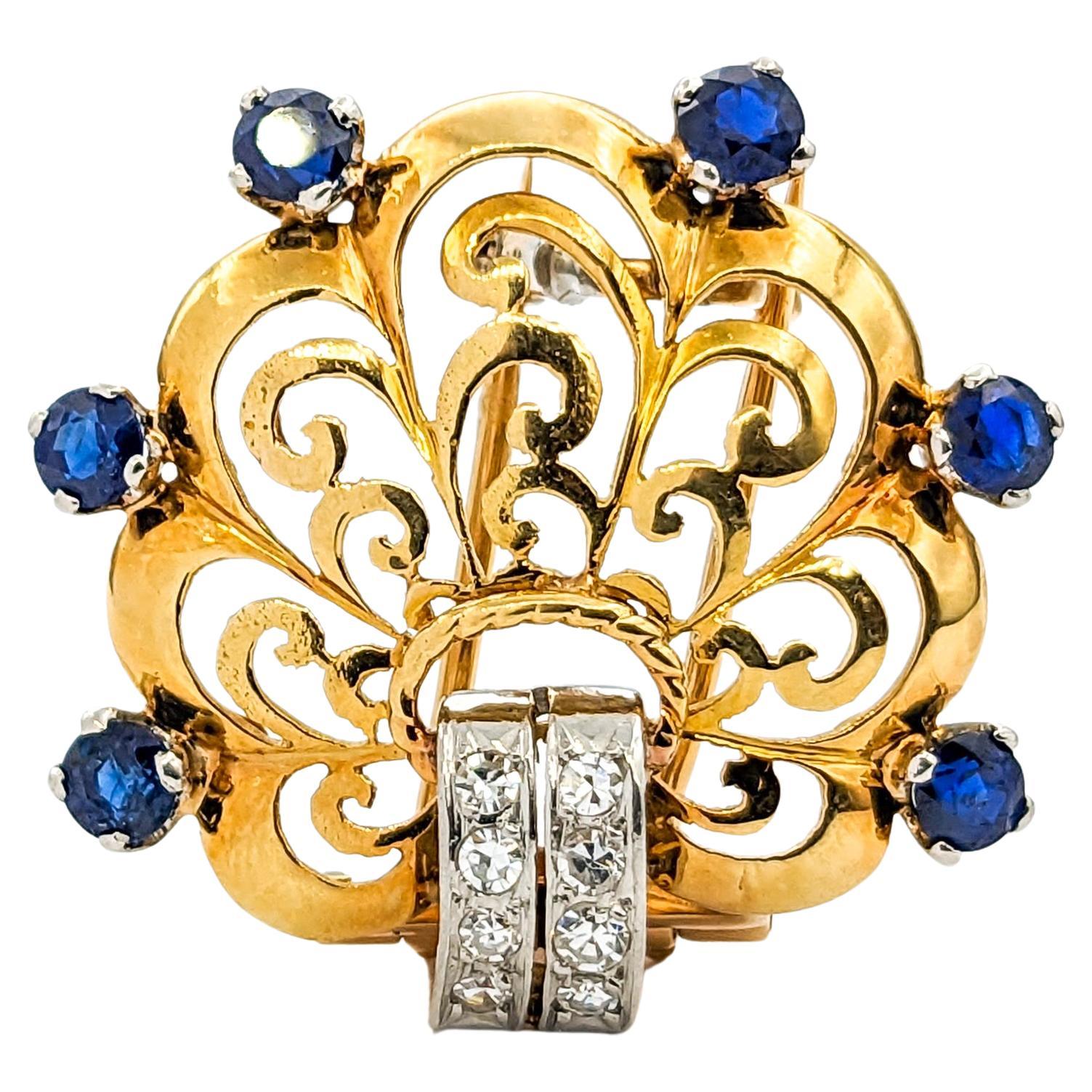 Diamond & Sapphire Scallop Brooch In Yellow Gold For Sale