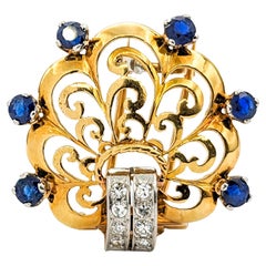Vintage Diamond & Sapphire Scallop Brooch In Yellow Gold