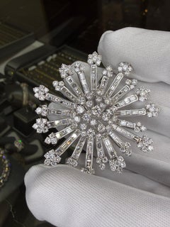 Diamond Brooch Pin 9.50Ct Round Brilliant & Baguette Diamonds 18K White Gold
