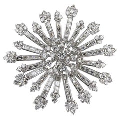 Diamond Brooch Pin 9.50Ct Round Brilliant & Baguette Diamonds 18K White Gold