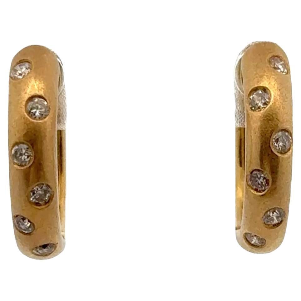 Diamond Brushed Finish 18 Karat Yellow Gold Etoile Style Hoop Earrings