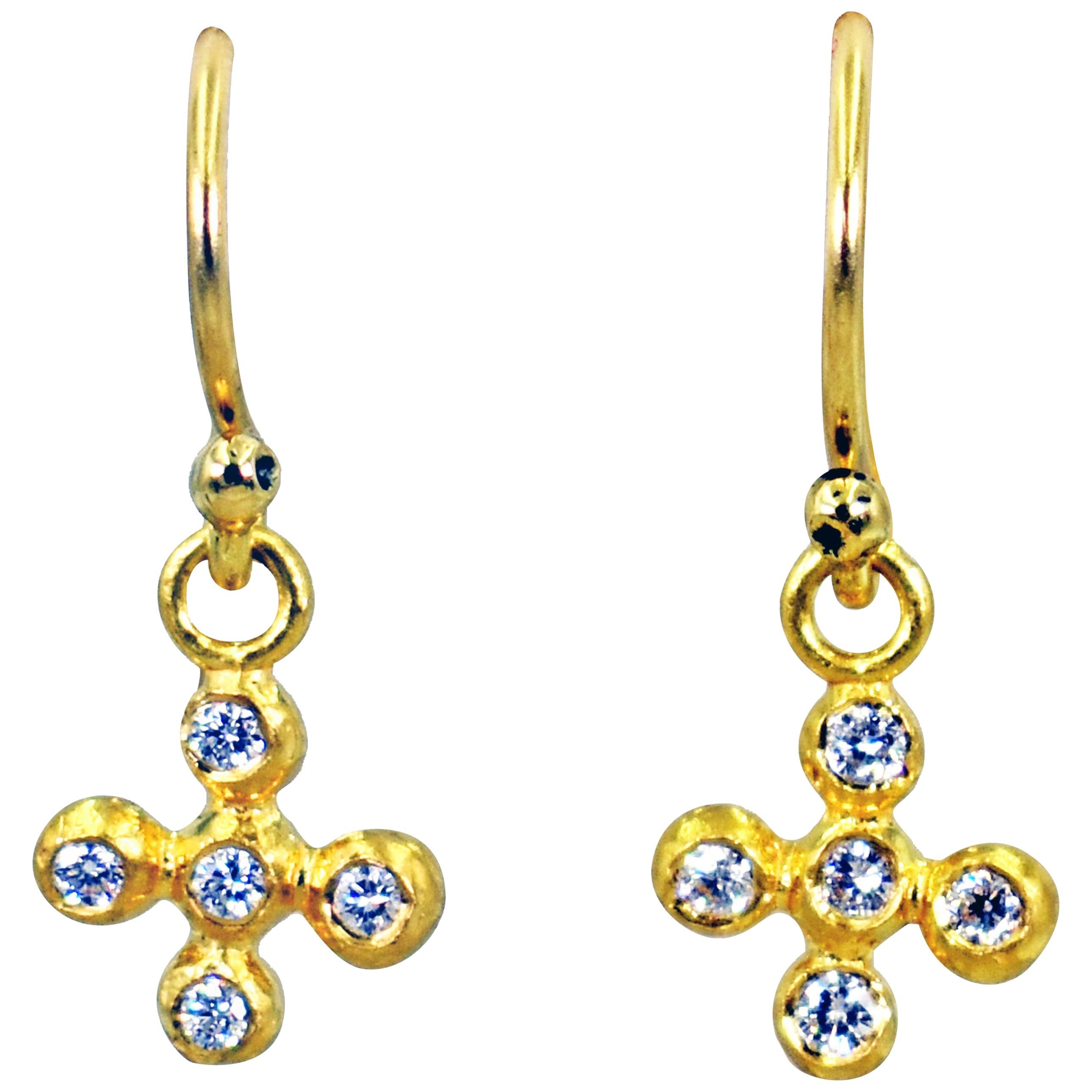 Pendants d'oreilles en or 22 carats avec croix en forme de bulles de diamants