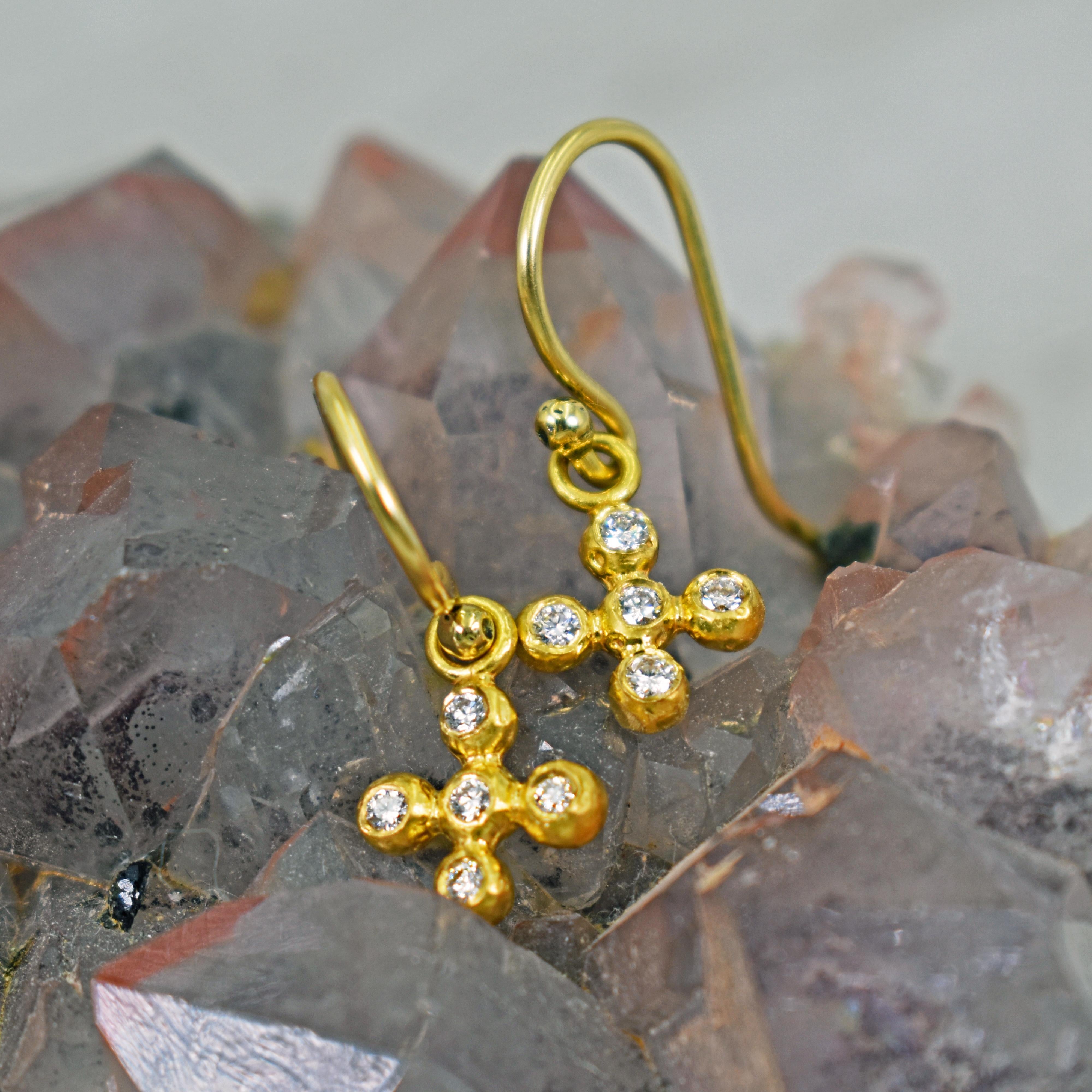 Diamond Bubble Cross 22 Karat Gold Dangle Earrings In New Condition For Sale In Naples, FL