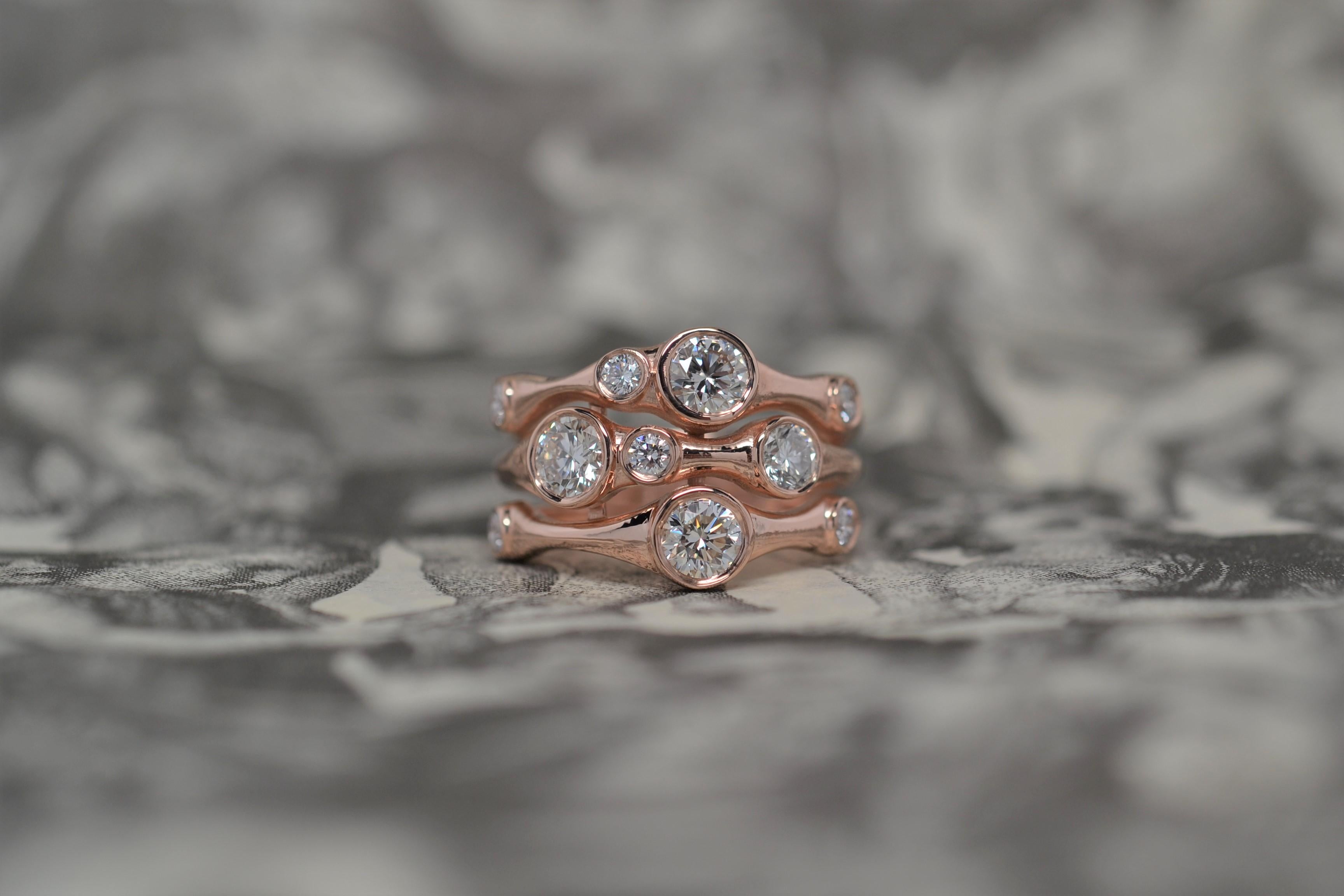 Round Cut Diamond Bubble Ring Set in 14K Rose Gold, 1.38 Carats For Sale