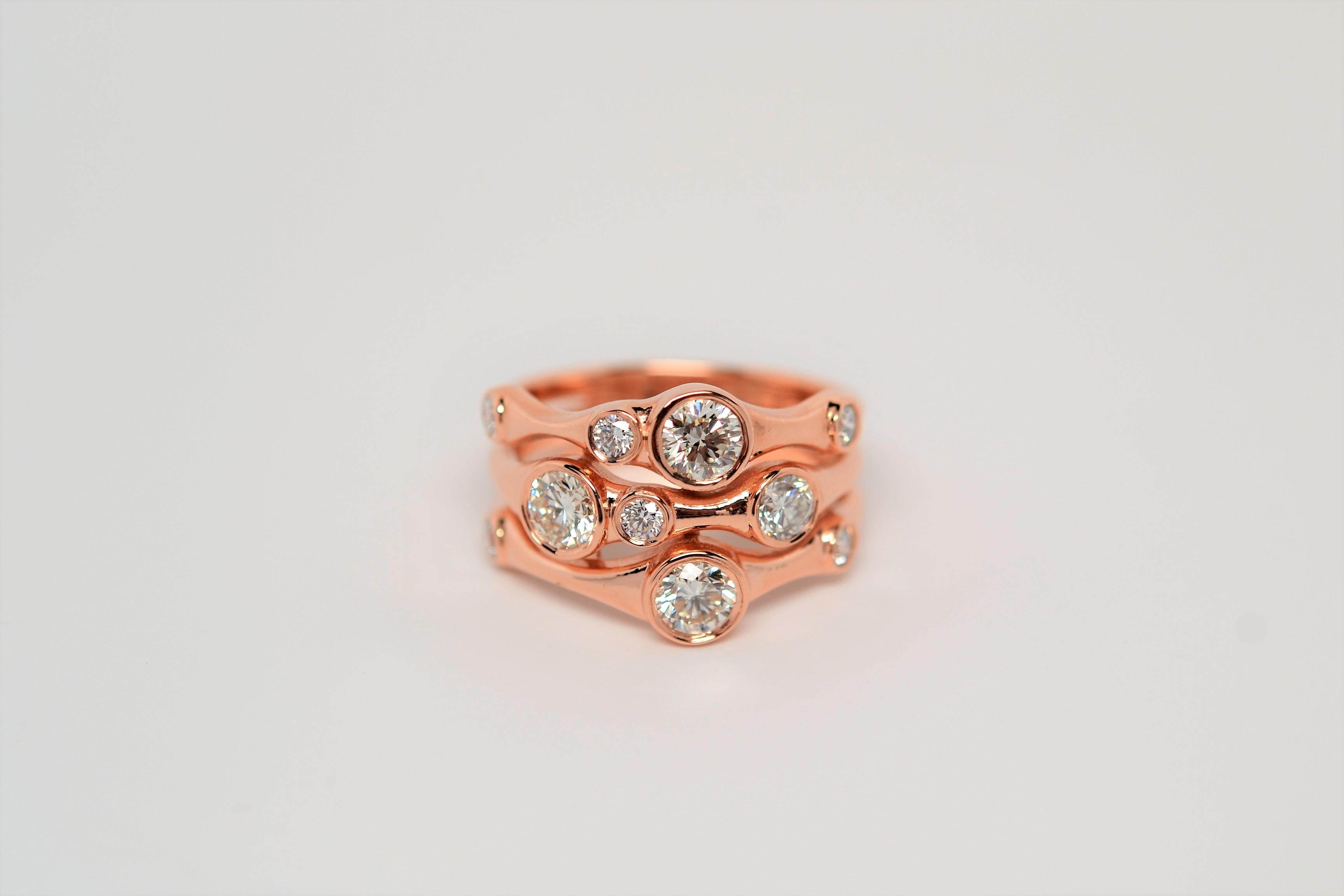 Women's Diamond Bubble Ring Set in 14K Rose Gold, 1.38 Carats For Sale