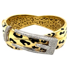 Diamond Buckle and Black Enamel Gold Bangle Bracelet Estate Fine Jewelry