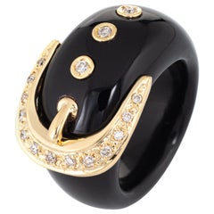 Diamond Buckle Ring Black Resin Wide Band Estate Fine Vintage Jewelry