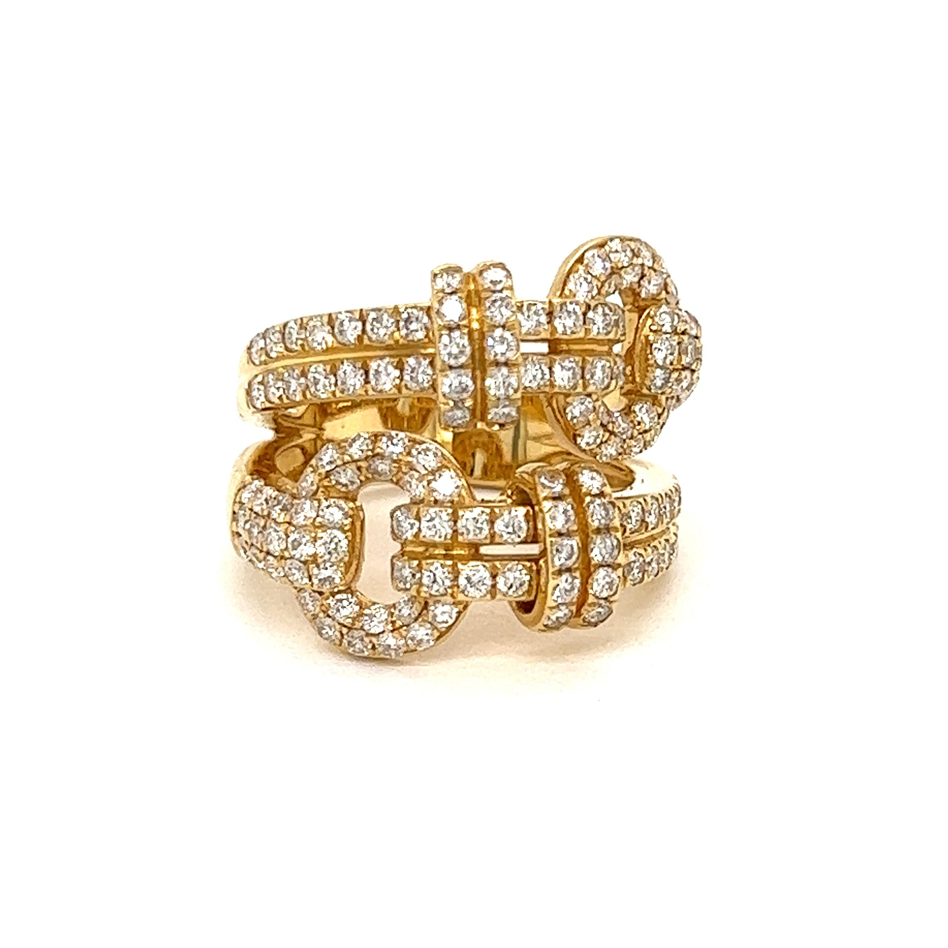 Enjoy the sparkle on this buckle style diamond ring.  1.55 cttw of round diamonds, a total of 130 diamonds.  This ring is set in 7.40 grams of 18k yellow gold. SI Clarity, G-H Color 

This is a brand new item and is presented in a gift box.