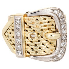 Diamond Buckle Ring Vintage 14k Yellow Gold Wide Band Estate Jewelry