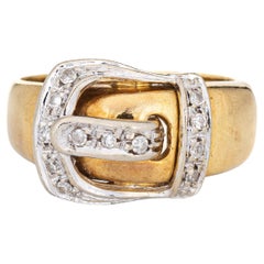 Diamond Buckle Ring Vintage 18k Yellow Gold Wide Band Estate Jewelry