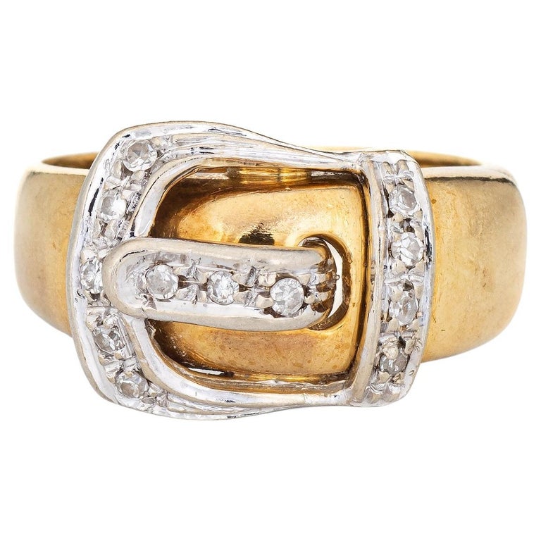 Diamond Buckle Ring Vintage 18k Yellow Gold Wide Band Estate Jewelry
