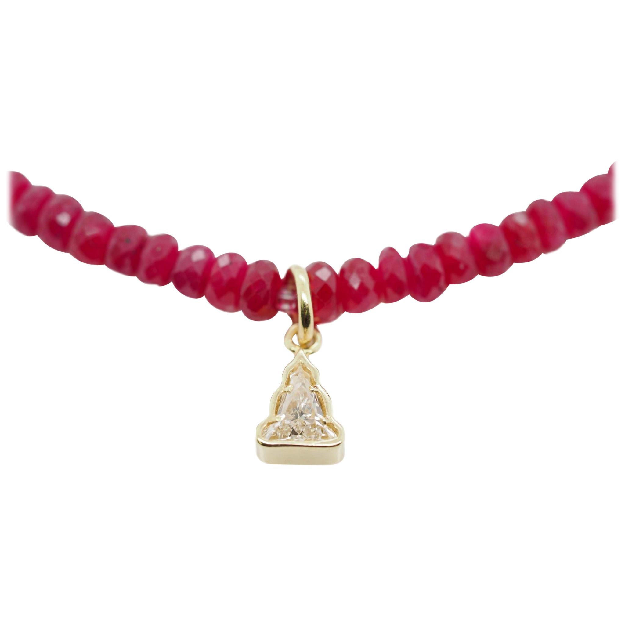 Diamond Buddha Genuine Rondelle Ruby Beaded Necklace 18 Karat Yellow Gold For Sale