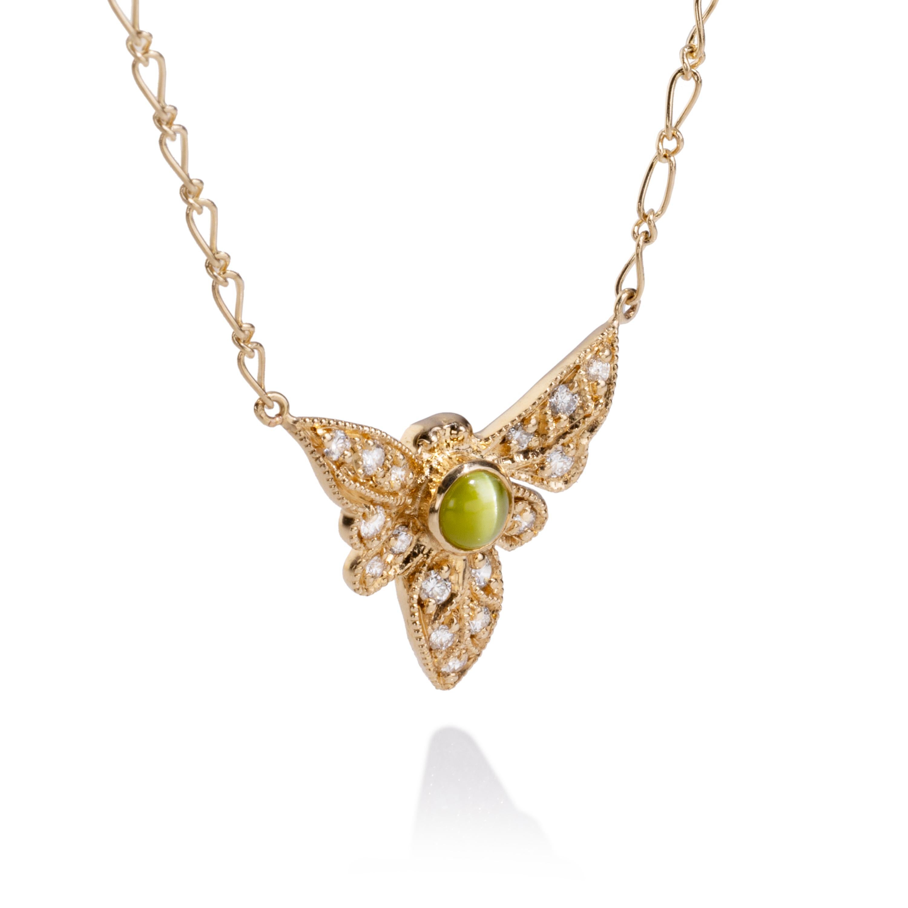 Taglio rotondo Collana Diamond Bug - Crisoberillo occhio di gatto, oro giallo 14k in vendita