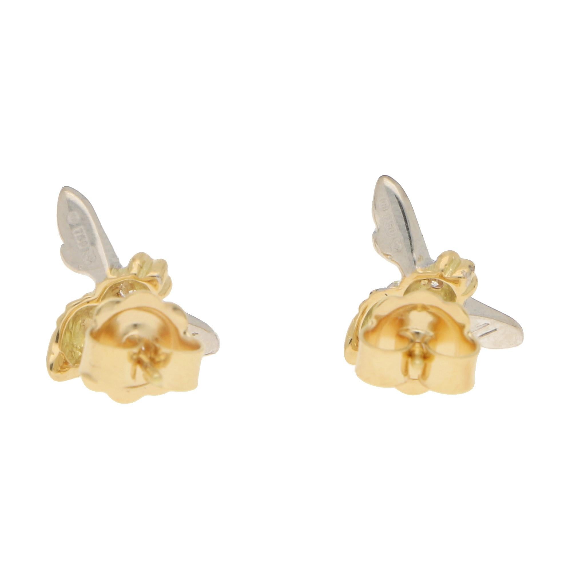 Round Cut Diamond Bumble Bee Stud Earrings in 18 Karat Yellow and White Gold For Sale