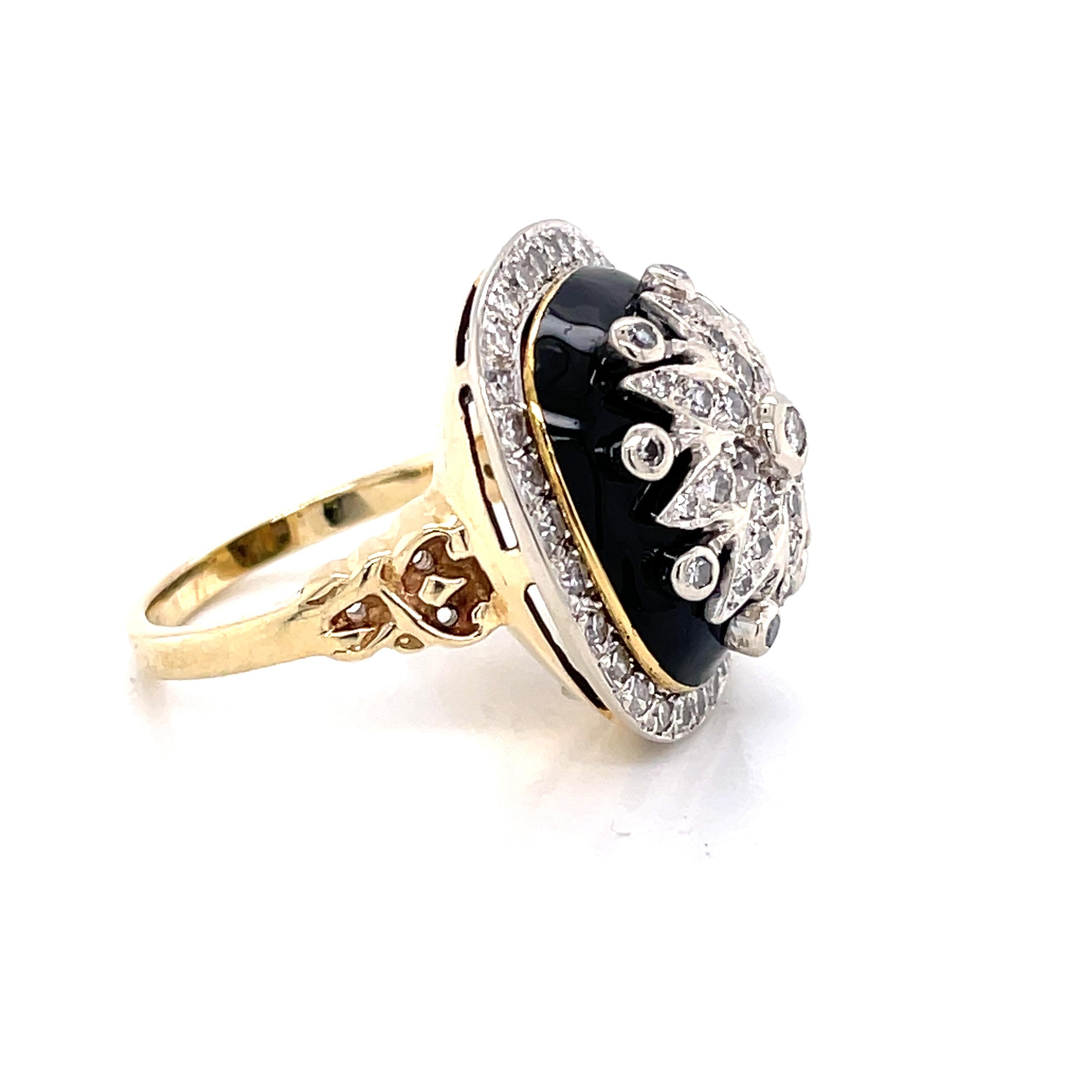 Women's  Diamond Burst Black Enamel 14k Yellow Gold Antique Style Cocktail Ring 