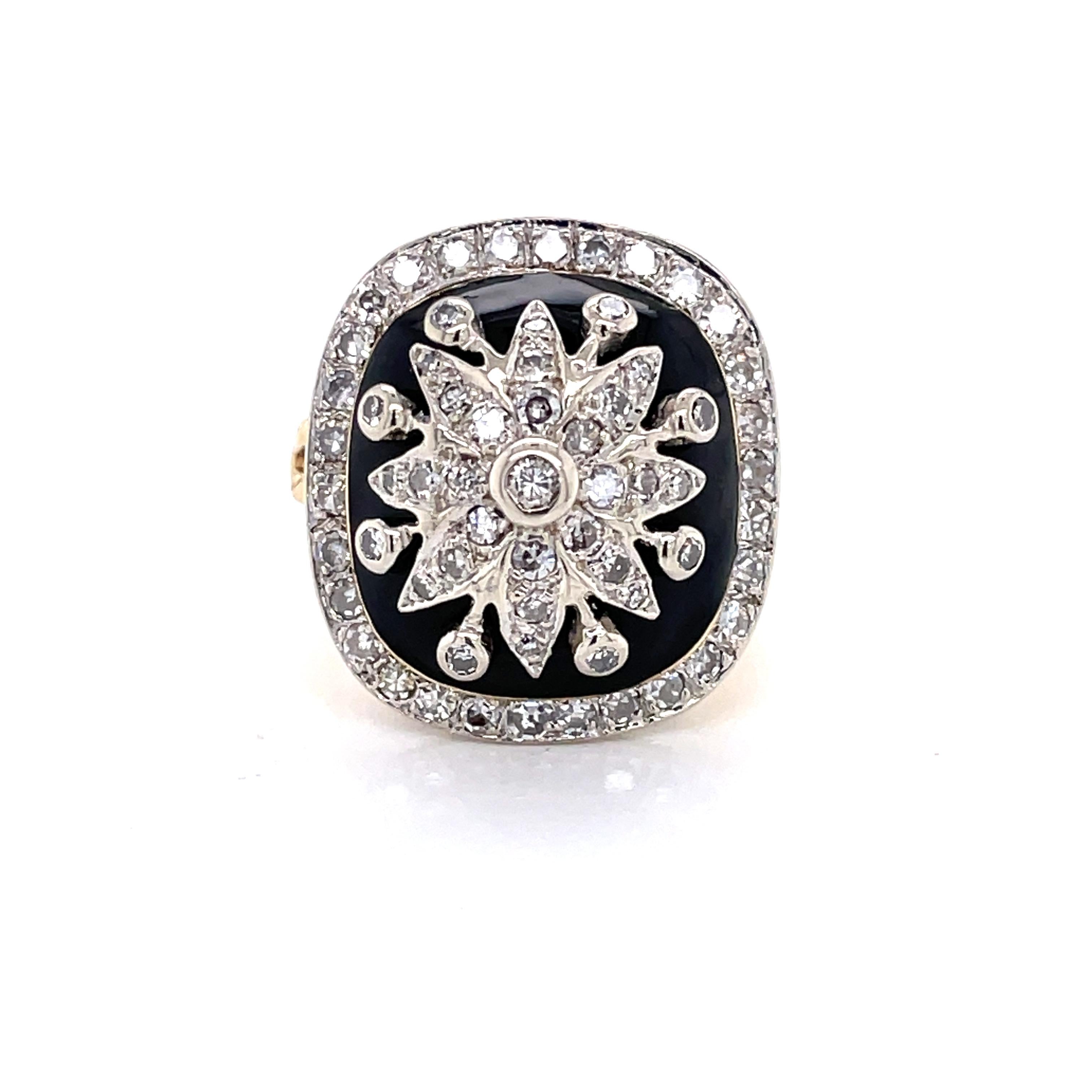 Artfully Italian and finely crafted, this impressive 14k Yellow Gold Ring features a dramatic Diamond Burst center, boldly off-set by intense Black Enamel and framed with a Yellow Gold and Diamond Border.  In size 7, this spectacular .75 ct Diamond